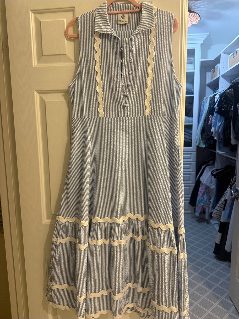 Blue & White Striped Maxi Dress with Cream Trim